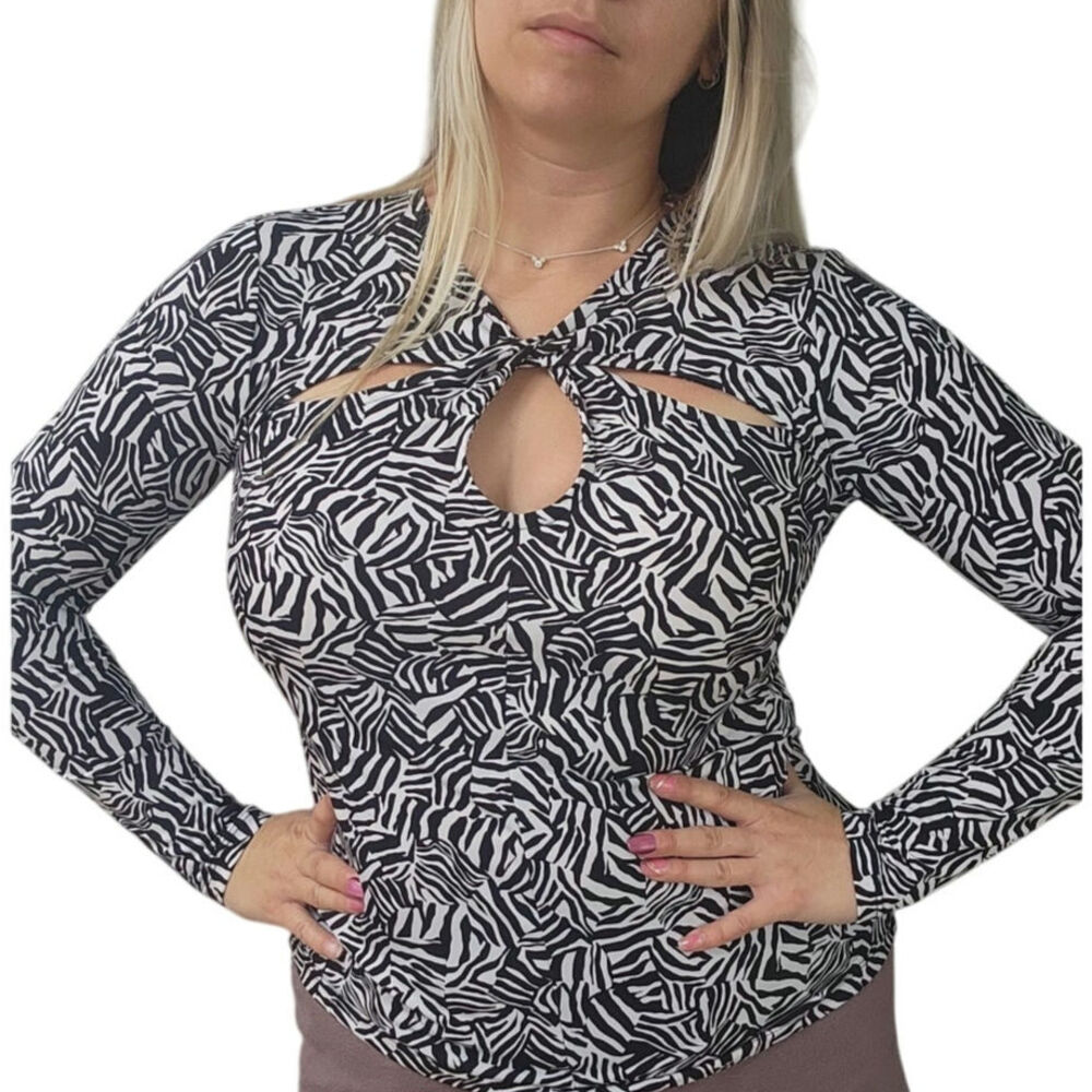 Michael Kors slinky Top stretch long sleeve white black zebra size S NWT cut out